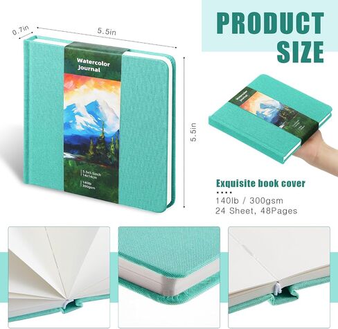 Dispowreath 5.5 "× 5.5" Sketchbook Bookbook Journal Square Bookbook Cold Press 140lb 300gsm Cotton Paper 48 Pages Place Notebook Paper (الفيروز ، 5.5 × 5.5 بوصة) in Saudi Arabia