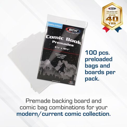 BCW Current Premade Comic Bags & Boards | Preloaded Sleeves & Backer Boards for Modern Comics (100 Pack, Non-Resealable) in Saudi Arabia