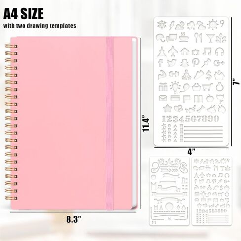 Koogel Dotted Journal Notebook, 8.3 x 11.4 Inch, 150 Sheets Dotted Spiral Notebook, Pink Hardcover with Stencil in Saudi Arabia