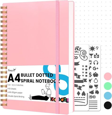 Koogel Dotted Journal Notebook, 8.3 x 11.4 Inch, 150 Sheets Dotted Spiral Notebook, Pink Hardcover with Stencil in Saudi Arabia