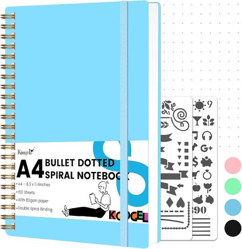 Koogel Dotted Journal Notebook, 8.3 x 11.4 Inch, 150 Sheets Dotted Spiral Notebook, Pink Hardcover with Stencil in Saudi Arabia