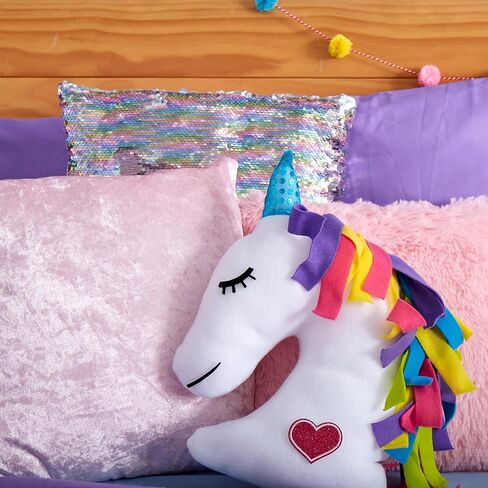 Made By Me Make Your Own Unicorn Pillow by Horizon Group USA, Unicorn Shaped DIY Decorative Pillow. Fiberfill, Glitter Stickers & Rainbow Fleece Strips Included. No Sewing Needed in Kuwait