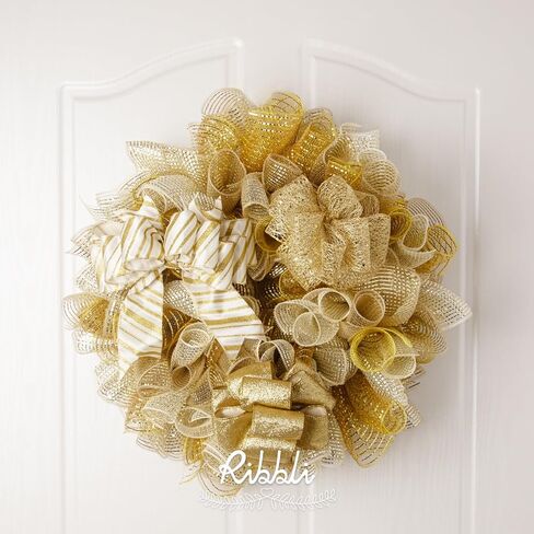 Ribbli Gold Metallic Mesh Ribbon, 10 inch x 30 feet(10Yard), Gold with Gold Deluxe Foil, Christmas Ribbon for Wreath Swags and Christmas Tree Decoration in Kuwait