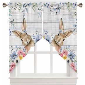 Easter Rabbit Swag Valance Curtains Blue Pink Flowers Eucalyptus Leaves Retro Wooden Texture Rod Pocket Kitchen Curtains Scalloped Window Treatment Valances Swag Curtains for Living Room, 28"W x 36"L
