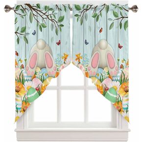 Easter Swag Valance Curtains Rabbit Butt Floral Sunflower Green Leaf Teal Wooden Board Rod Pocket Kitchen Curtains Scalloped Window Treatment Valances Swag Curtains for Living Room, 28" W x 36" L