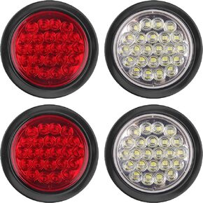 4Pcs 4 Inch Round Led Stop Turn Tail Brake Backup Reverse Lights 24 LED Waterproof 4 Inch Round LED Trailer Tail Lights for Trucks RV W/Lights Grommets 3-Prong Trailer Wire Pigtails 12V (2Red+2White)