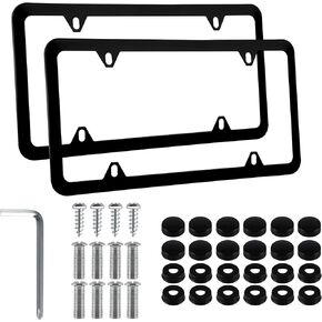 2PCS Stainless Steel License Plate Frames, 4 Holes Car Licence Plate Covers with Screws Washers and Caps, Car Exterior Accessories, License Plate Holder for US Vehicles (Red)