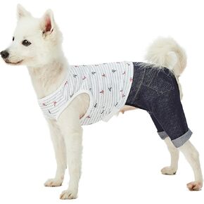 قميص للكلاب من Blueberry Pet Summer Vacation Beach مصنوع من القطن بأربعة أرجل مع بنطال دينم ملون، بذلة مخططة بحرية لمحبي البحر، طول الظهر 12 بوصة، للكلاب الصغيرة والمتوسطة