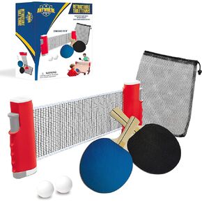 Retractable Table Tennis Set, Portable to Affix to Any Table, Includes Two Paddles, Two Ping Pong Balls, and Mesh Storage Bag