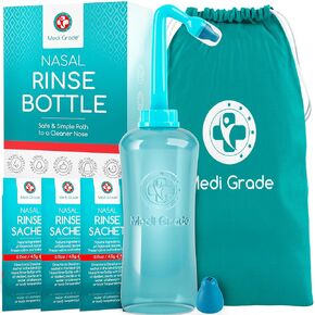 Medi Grade Sinus Rinse Bottle, 500ml – Nasal Irrigation System with Nasal Wash Bottle, 30x Saline Packets, 2X Nasal Rinse Tips and Storage Bag - Enjoy Effortless Nasal Irrigation at Home or On The Go