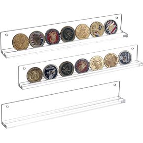 MyGift Wall Mounted Premium Clear Acrylic Challenge Coin Holder, Casino Chip Collectors Display Rack, Single Row Military Coins Collection Shelf, Set of 3
