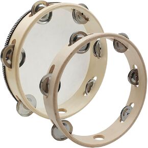 2 pcs 8 inch Tambourine, lyfLux Wood Color Tambourines for Adults and Tambourine Ring, Metal Bell, Percussion Musical Instruments, Music Education, Party, Music Festivals (Wooden Single Row)