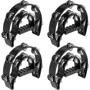 4 Pack 10 Inch Double Row Tambourine, Metal Jingles Hand Held Percussion with Ergonomic Handle, 4 Colors Half Moon Musical Tambourine for Beginner, Church, KTV, Party