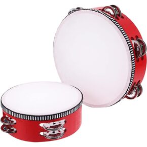 Vaguelly 2 Pieces Tambourine Hand Drum Set with Double Row Jingles Handheld Tambourine Percussion Instrument for Adults Kids, 6 inch and 8 inch