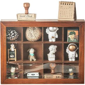 Mini Clear Display Wood Cabinet with 12 Slots - Collectibles Display Case - Wooden Floating Shelves for Display & Home Decor - Vintage Style Wood Cubby Shelf with Front Clear Cover