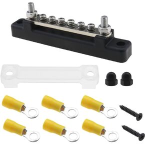 150A Bus Bar Power Terminal Blocks with M6 Bolts M4 Screws Terminals 12-48V DC Single-Row Covered Power Ground Distribution Block with 6 Wire Lug for Automobile