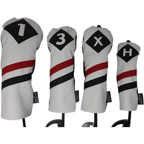 Majek Retro Golf Headcovers White Red and Black Vintage Leather Style 1 3 X H Driver Fairway and Hybrid Head Covers Fits 460cc Drivers Classic Look