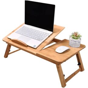 Bamboo Laptop Desk, Adjustable Portable Bamboo Laptop Table with Drawer, Folding Breakfast Tray Padded Lap Work Tray for Working Writing Drawing Surfing Reading Eating