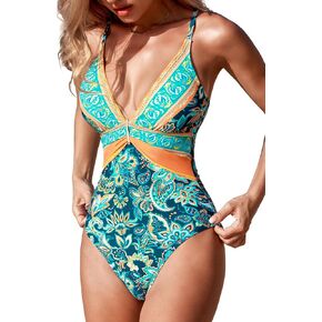 CUPSHE Women's One Piece Swimsuit V Neck Ruched Bathing Suit Crisscross Back Tie Adjustable Straps