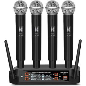 Depusheng DX4 Wireless Microphone, Professional 4 Channels Karaoke Handheld System for Home Karaoke, Meeting, Party, Church, DJ, Wedding, Home KTV Set