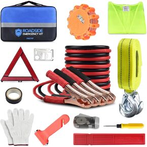 PACETAP Car Roadside Emergency Kit, Essential Auto Safety Road Side Assistance Tool Kit with Jumper Cables, Towing Rope, Triangle and More Winter Vehicle Accessories