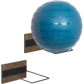 MyGift Wall Mounted Exercise Stability Ball Holder, Home Gym Yoga Studio Storage Display Rack with Rustic Burnt Wood and Black Metal Wire, Set of 2