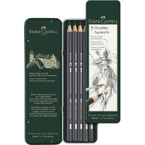 Faber-Castell 5 Piece Quality Water-Soluble Graphite Aquarelle Pencils in a Tin, Including HB, 2B, 4B, 6B and 8B, Grey