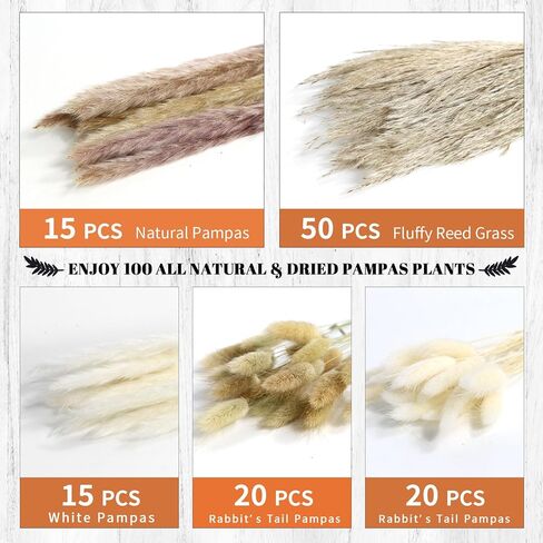 120 Pcs Dried Pampas Grass Decor, 17.7" Natural Pampas Grass Bouquet Dried Flowers, Mixed Dried Floral Bouquet for Wedding Decor Pompas Floral Arrangements, Farmhouse Rustic Home Decor in Kuwait