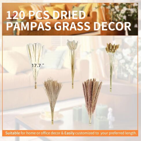 120 Pcs Dried Pampas Grass Decor, 17.7" Natural Pampas Grass Bouquet Dried Flowers, Mixed Dried Floral Bouquet for Wedding Decor Pompas Floral Arrangements, Farmhouse Rustic Home Decor in Kuwait