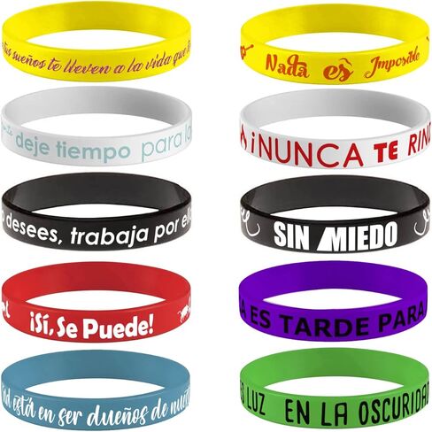 1step2dream 20-Pack Spanish Motivational Rubber Wristbands | 12x202mm Silicone Bracelets with Inspirational Quotes | Teacher Rewards for Classroom in Kuwait