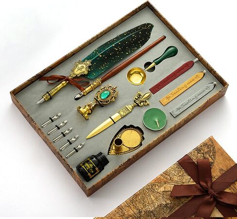 مجموعة أقلام وحبر من فولك روز، مجموعة أقلام ريشة الخط مع قلم غمس، 5 سن قابلة للاستبدال، حبر، ختم ختم الشمع، 3 عصا ختم الشمع، شمع الشاي، أداة فتح المغلف، هدية لكتابة الرسم in Kuwait