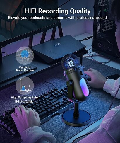 ميكروفون ألعاب Syntech للكمبيوتر الشخصي، ميكروفون USB للبث، البودكاست، التسجيل، ميكروفون مكثف مع أضواء RGB، لمسة كتم الصوت، مقبض الكسب، مقبس سماعة الرأس، مرشح البوب، حامل لجهاز Mac/ PS4/ PS5-GlowMic in Kuwait