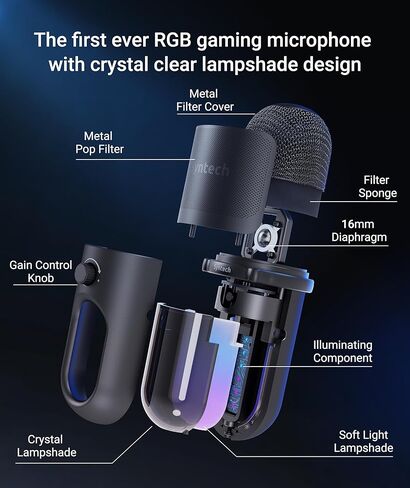 ميكروفون ألعاب Syntech للكمبيوتر الشخصي، ميكروفون USB للبث، البودكاست، التسجيل، ميكروفون مكثف مع أضواء RGB، لمسة كتم الصوت، مقبض الكسب، مقبس سماعة الرأس، مرشح البوب، حامل لجهاز Mac/ PS4/ PS5-GlowMic in Kuwait