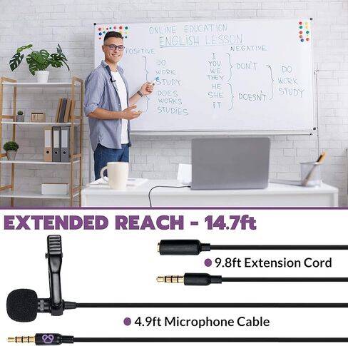 ميكروفون USB Lavalier للكمبيوتر الشخصي مع محول USB C وUSB A - متوافق مع أجهزة MacBook، والكمبيوتر المحمول، وiMac، وسطح المكتب - مشبك التوصيل والتشغيل على ميكروفون Lav مع سلك تمديد بطول 9.8 قدم in Kuwait