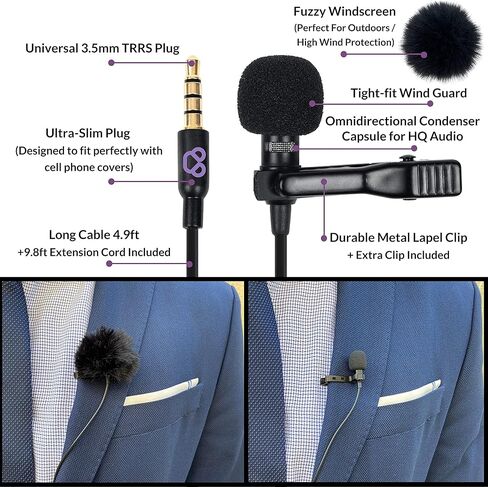 ميكروفون USB Lavalier للكمبيوتر الشخصي مع محول USB C وUSB A - متوافق مع أجهزة MacBook، والكمبيوتر المحمول، وiMac، وسطح المكتب - مشبك التوصيل والتشغيل على ميكروفون Lav مع سلك تمديد بطول 9.8 قدم in Kuwait
