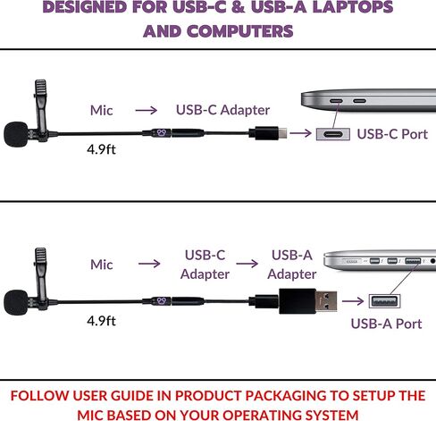 ميكروفون USB Lavalier للكمبيوتر الشخصي مع محول USB C وUSB A - متوافق مع أجهزة MacBook، والكمبيوتر المحمول، وiMac، وسطح المكتب - مشبك التوصيل والتشغيل على ميكروفون Lav مع سلك تمديد بطول 9.8 قدم in Kuwait