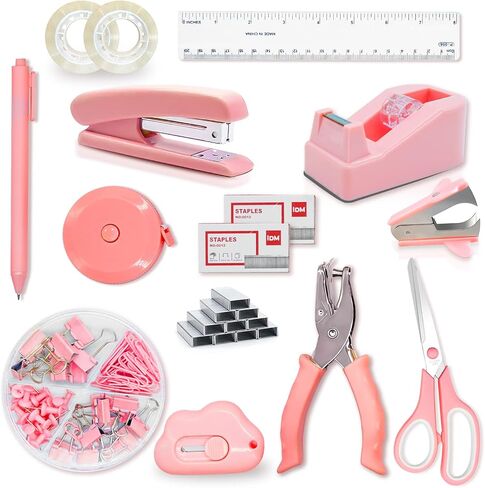 14PCS Pink Office Supplies, Pink Desk Accessories, Stapler & Tape Dispenser Kit for Women with Stapler, Tape Dispenser, Staple Remover, Staples, Clips, Scissor and Tabs for Students【Upgraded】 in Saudi Arabia