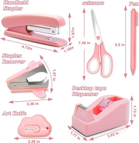14PCS Pink Office Supplies, Pink Desk Accessories, Stapler & Tape Dispenser Kit for Women with Stapler, Tape Dispenser, Staple Remover, Staples, Clips, Scissor and Tabs for Students【Upgraded】 in Saudi Arabia