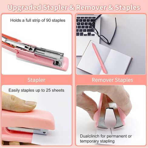 14PCS Pink Office Supplies, Pink Desk Accessories, Stapler & Tape Dispenser Kit for Women with Stapler, Tape Dispenser, Staple Remover, Staples, Clips, Scissor and Tabs for Students【Upgraded】 in Saudi Arabia
