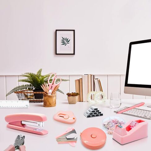 14PCS Pink Office Supplies, Pink Desk Accessories, Stapler & Tape Dispenser Kit for Women with Stapler, Tape Dispenser, Staple Remover, Staples, Clips, Scissor and Tabs for Students【Upgraded】 in Saudi Arabia