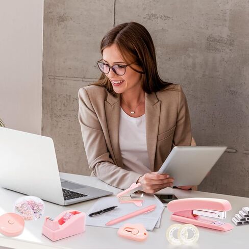14PCS Pink Office Supplies, Pink Desk Accessories, Stapler & Tape Dispenser Kit for Women with Stapler, Tape Dispenser, Staple Remover, Staples, Clips, Scissor and Tabs for Students【Upgraded】 in Saudi Arabia