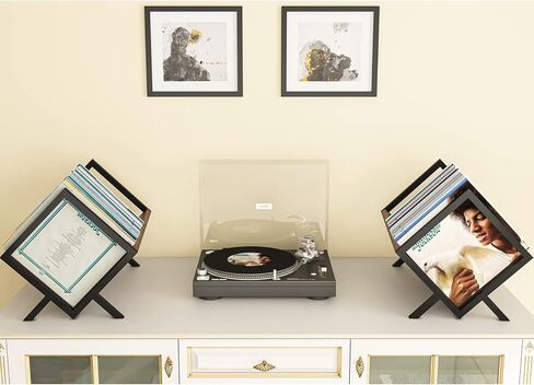 حامل تخزين تسجيلات الفينيل من Giikin، يحمل ما يصل إلى 90-110 LPs، حامل منظم تسجيلات الفينيل المعدني والخشبي، بسيط/وظيفي/سهل التجميع، رف فينيل للملفات/الكتب/المجلة/رف التسجيل in Kuwait