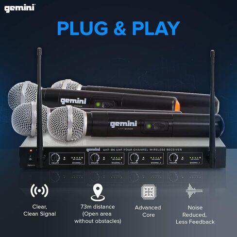 مجموعة Gemini Sound UHF-04M اللاسلكية الاحترافية مكونة من 4 ميكروفونات محمولة وجهاز استقبال للدي جي أو الكاريوكي أو الأداء المسرحي أو نظام PA، أربع عبوات in Saudi Arabia