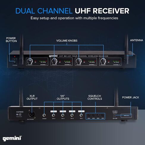 مجموعة Gemini Sound UHF-04M اللاسلكية الاحترافية مكونة من 4 ميكروفونات محمولة وجهاز استقبال للدي جي أو الكاريوكي أو الأداء المسرحي أو نظام PA، أربع عبوات in Saudi Arabia