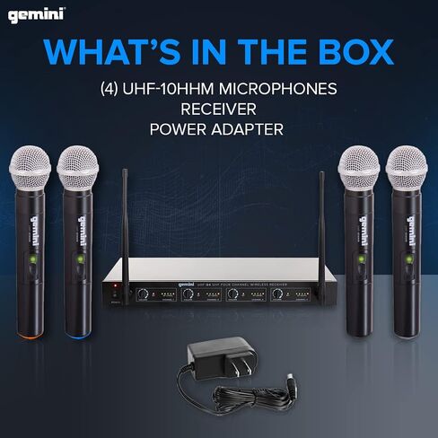 مجموعة Gemini Sound UHF-04M اللاسلكية الاحترافية مكونة من 4 ميكروفونات محمولة وجهاز استقبال للدي جي أو الكاريوكي أو الأداء المسرحي أو نظام PA، أربع عبوات in Saudi Arabia