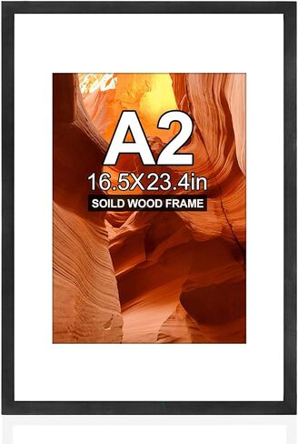 إطار صورة ملصق A2 مقاس 16.5 × 23.4 بوصة، عرض صورة A3 مع حصيرة أو A2 بدون حصيرة، إطارات صور خشبية صلبة رفيعة مع زجاج شبكي شفاف عالي الدقة للتركيب على الحائط أفقيًا وعموديًا (أسود) in Kuwait