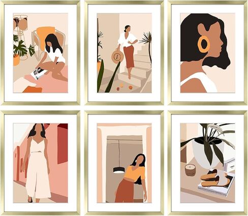 ArtbyHannah 11x14 Gold Picture Frames Set with Minimalist Modern Woman Wall Art Decor- Made to Display Photo 8x10 with Mat, Set of 6 in Saudi Arabia