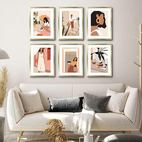 ArtbyHannah 11x14 Gold Picture Frames Set with Minimalist Modern Woman Wall Art Decor- Made to Display Photo 8x10 with Mat, Set of 6 in Saudi Arabia