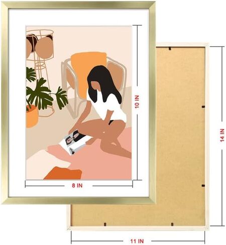 ArtbyHannah 11x14 Gold Picture Frames Set with Minimalist Modern Woman Wall Art Decor- Made to Display Photo 8x10 with Mat, Set of 6 in Saudi Arabia