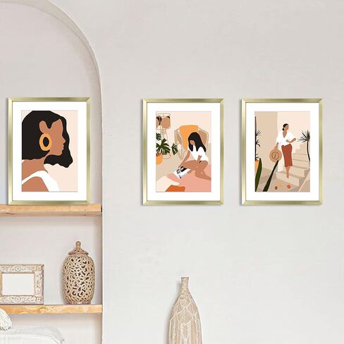ArtbyHannah 11x14 Gold Picture Frames Set with Minimalist Modern Woman Wall Art Decor- Made to Display Photo 8x10 with Mat, Set of 6 in Saudi Arabia
